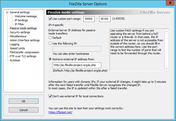 FileZilla Server Passiv-Modus Einstellung mit Standard Url von FileZilla Project